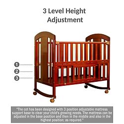 Babyhug Florence 3 in 1 Rocking Cot Cum Junior Bed  Cherry| Solid Pinewood| Adjustable Height| Storage Space| Foldable Side Rail| Teething Rails| Wheels with Lock| Convert to Study Table| Mosquito Net