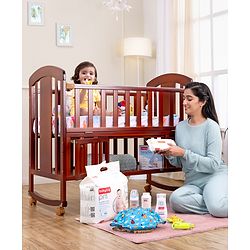 Babyhug Florence 3 in 1 Rocking Cot Cum Junior Bed  Cherry| Solid Pinewood| Adjustable Height| Storage Space| Foldable Side Rail| Teething Rails| Wheels with Lock| Convert to Study Table| Mosquito Net