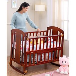 Babyhug Florence 3 in 1 Rocking Cot Cum Junior Bed  Cherry| Solid Pinewood| Adjustable Height| Storage Space| Foldable Side Rail| Teething Rails| Wheels with Lock| Convert to Study Table| Mosquito Net