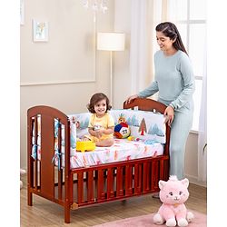 Babyhug Florence 3 in 1 Rocking Cot Cum Junior Bed  Cherry| Solid Pinewood| Adjustable Height| Storage Space| Foldable Side Rail| Teething Rails| Wheels with Lock| Convert to Study Table| Mosquito Net