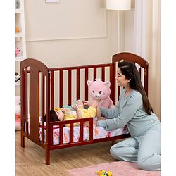 Babyhug Florence 3 in 1 Rocking Cot Cum Junior Bed  Cherry| Solid Pinewood| Adjustable Height| Storage Space| Foldable Side Rail| Teething Rails| Wheels with Lock| Convert to Study Table| Mosquito Net