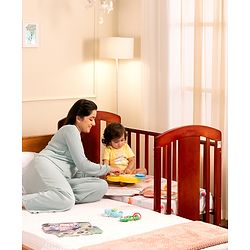 Babyhug Florence 3 in 1 Rocking Cot Cum Junior Bed  Cherry| Solid Pinewood| Adjustable Height| Storage Space| Foldable Side Rail| Teething Rails| Wheels with Lock| Convert to Study Table| Mosquito Net