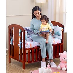 Babyhug Florence 3 in 1 Rocking Cot Cum Junior Bed  Cherry| Solid Pinewood| Adjustable Height| Storage Space| Foldable Side Rail| Teething Rails| Wheels with Lock| Convert to Study Table| Mosquito Net