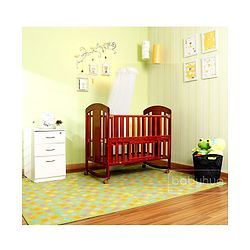 Babyhug Florence 3 in 1 Rocking Cot Cum Junior Bed  Cherry| Solid Pinewood| Adjustable Height| Storage Space| Foldable Side Rail| Teething Rails| Wheels with Lock| Convert to Study Table| Mosquito Net