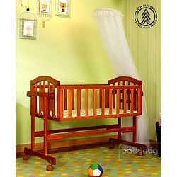 Babyhug Ionia Wooden Cradle with Mosquito Net - Cherry| Swing Lock| Wheels with Lock| Balanced Swing| Easy to Assemble
