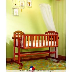 Babyhug Ionia Wooden Cradle with Mosquito Net - Cherry| Swing Lock| Wheels with Lock| Balanced Swing| Easy to Assemble