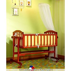 Babyhug Ionia Wooden Cradle with Mosquito Net - Cherry| Swing Lock| Wheels with Lock| Balanced Swing| Easy to Assemble