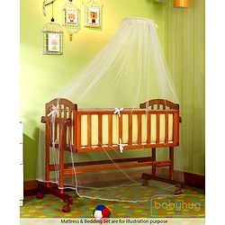 Babyhug Ionia Wooden Cradle with Mosquito Net - Cherry| Swing Lock| Wheels with Lock| Balanced Swing| Easy to Assemble