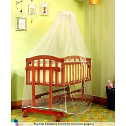 Babyhug Ionia Wooden Cradle with Mosquito Net - Cherry| Swing Lock| Wheels with Lock| Balanced Swing| Easy to Assemble