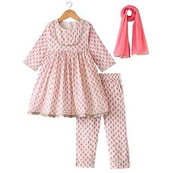 Babyhug Cambric Three Fourth Sleeves Kurti Palazzo and Dupatta Set Floral Paisley Print - Pink