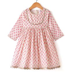 Babyhug Cambric Three Fourth Sleeves Kurti Palazzo and Dupatta Set Floral Paisley Print - Pink