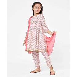 Babyhug Cambric Three Fourth Sleeves Kurti Palazzo and Dupatta Set Floral Paisley Print - Pink
