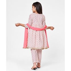 Babyhug Cambric Three Fourth Sleeves Kurti Palazzo and Dupatta Set Floral Paisley Print - Pink