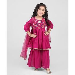 Babyhug Georgett Three Fourth Sleeves Floral Embroidered & Sequin Kurti and Palazzo Set with Dupatta - Hot Pink