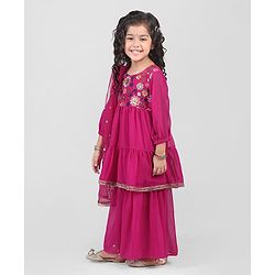 Babyhug Georgett Three Fourth Sleeves Floral Embroidered & Sequin Kurti and Palazzo Set with Dupatta - Hot Pink