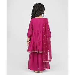 Babyhug Georgett Three Fourth Sleeves Floral Embroidered & Sequin Kurti and Palazzo Set with Dupatta - Hot Pink