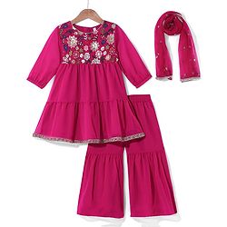 Babyhug Georgett Three Fourth Sleeves Floral Embroidered & Sequin Kurti and Palazzo Set with Dupatta - Hot Pink