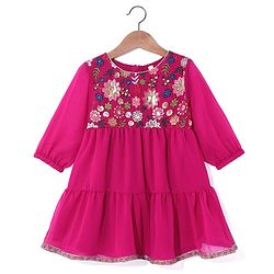 Babyhug Georgett Three Fourth Sleeves Floral Embroidered & Sequin Kurti and Palazzo Set with Dupatta - Hot Pink