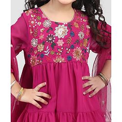 Babyhug Georgett Three Fourth Sleeves Floral Embroidered & Sequin Kurti and Palazzo Set with Dupatta - Hot Pink