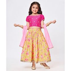 Babyhug Short Sleeves Embroidered Choli with Floral Print Lehenga and Dupatta Set- Yellow
