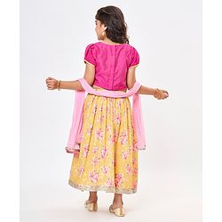 Babyhug Short Sleeves Embroidered Choli with Floral Print Lehenga and Dupatta Set- Yellow