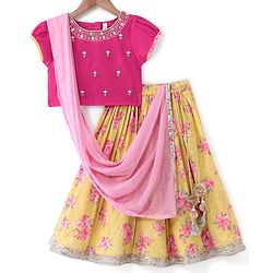 Babyhug Short Sleeves Embroidered Choli with Floral Print Lehenga and Dupatta Set- Yellow