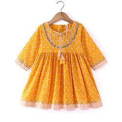 Babyhug Woven Three Fourth Sleeve Cambric Printed Kurti Palazzo and Dupatta Set - Yellow