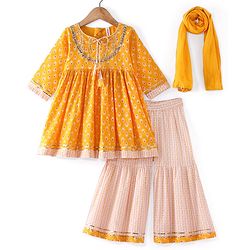 Babyhug Woven Three Fourth Sleeve Cambric Printed Kurti Palazzo and Dupatta Set - Yellow