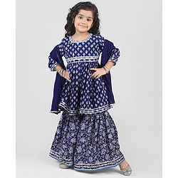 Babyhug Cambric Three Fourth Sleeves Kurti Sharara & Dupatta Set Floral Print with Embroidery Detailing - Indigo