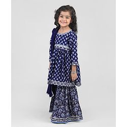Babyhug Cambric Three Fourth Sleeves Kurti Sharara & Dupatta Set Floral Print with Embroidery Detailing - Indigo
