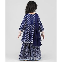 Babyhug Cambric Three Fourth Sleeves Kurti Sharara & Dupatta Set Floral Print with Embroidery Detailing - Indigo