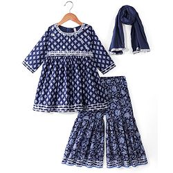 Babyhug Cambric Three Fourth Sleeves Kurti Sharara & Dupatta Set Floral Print with Embroidery Detailing - Indigo