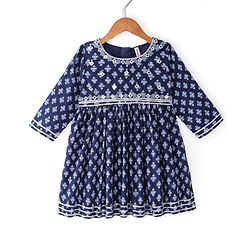 Babyhug Cambric Three Fourth Sleeves Kurti Sharara & Dupatta Set Floral Print with Embroidery Detailing - Indigo