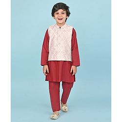 Babyhug 100% Cotton Woven Full Sleeves Cambric Kurta Pyjama Set With Mirror Embroided Jacket  -Red