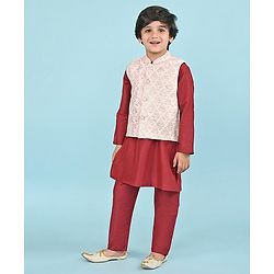 Babyhug 100% Cotton Woven Full Sleeves Cambric Kurta Pyjama Set With Mirror Embroided Jacket  -Red