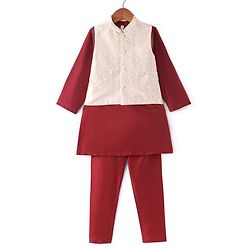 Babyhug 100% Cotton Woven Full Sleeves Cambric Kurta Pyjama Set With Mirror Embroided Jacket  -Red