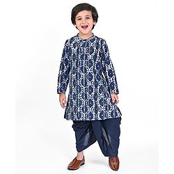 Babyhug Full Sleeves Lurex Printed Kurta Dhoti Set - Navy Blue