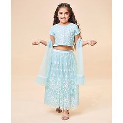 Babyhug Short Sleeves Net Sequenced Embroidered Choli Lehenga and Dupatta Set - Blue
