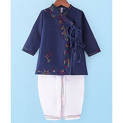 Babyhug Cotton Woven Full Sleeves Denim Embroidered Kurta & Dhoti Set - Blue