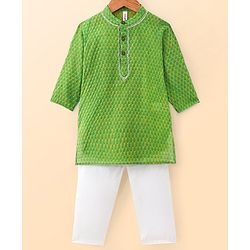 Babyhug Cotton Woven Cambric Full Sleeves Dobby Embroiderd Kurta Pyjama Set - Green