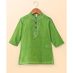 Babyhug Cotton Woven Cambric Full Sleeves Dobby Embroiderd Kurta Pyjama Set - Green