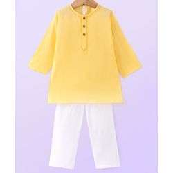 Babyhug Cotton Woven Cambric Full Sleeves Dobby Embroiderd Kurta Pyjama Set - Yellow