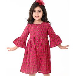 Babyhug 100% Cotton Woven Three Fourth Sleeves Ethnic Dress With Floral Print - Fuschia