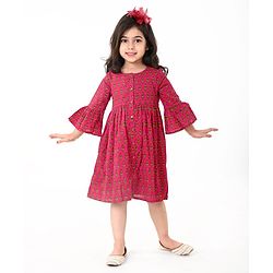 Babyhug 100% Cotton Woven Three Fourth Sleeves Ethnic Dress With Floral Print - Fuschia