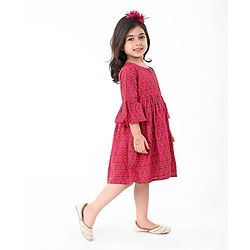 Babyhug 100% Cotton Woven Three Fourth Sleeves Ethnic Dress With Floral Print - Fuschia