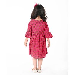 Babyhug 100% Cotton Woven Three Fourth Sleeves Ethnic Dress With Floral Print - Fuschia