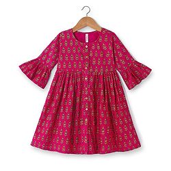 Babyhug 100% Cotton Woven Three Fourth Sleeves Ethnic Dress With Floral Print - Fuschia