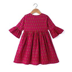 Babyhug 100% Cotton Woven Three Fourth Sleeves Ethnic Dress With Floral Print - Fuschia
