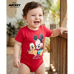 Babyhug Disney Interlock Knit Half Sleeves Onesies with Mickey Mouse Graphics - Red