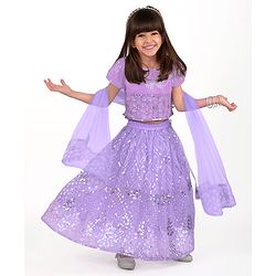 Babyhug Woven Short Sleeves  Net Sequins Embroidered Choli  Lehenga and Dupatta Set-   Lavender